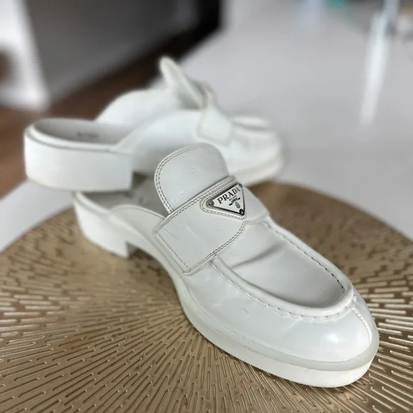 Prada White Leather Mule Loafers - Picture 3 of 6
